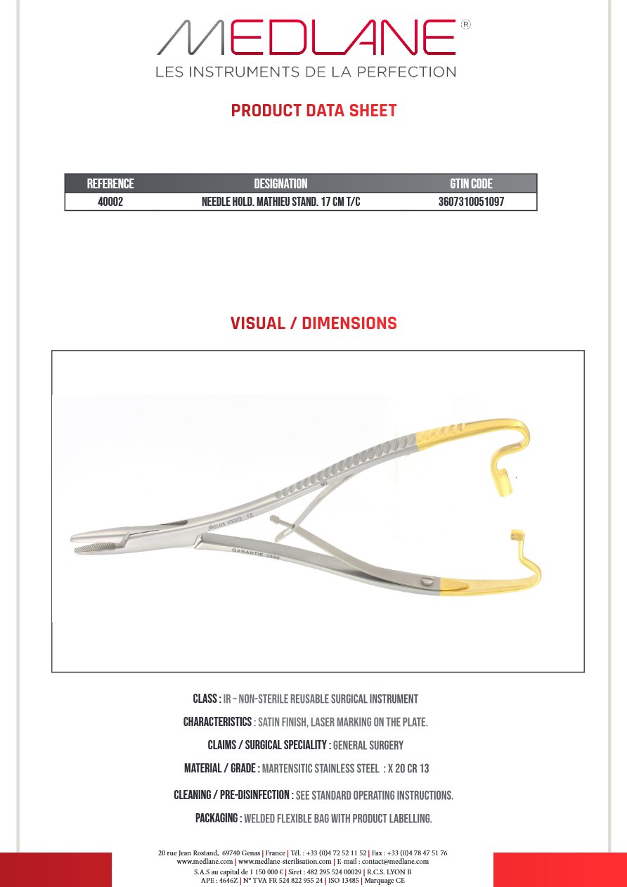 Photo produit MEDLANE : Porte Aiguille Mathieu Standard 170 mm Tungstène, référence 40002P