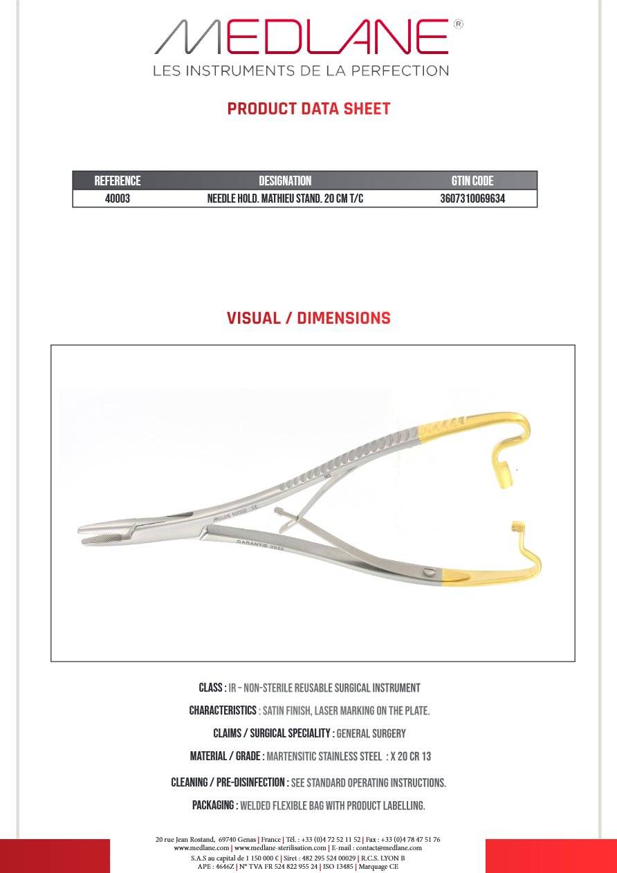 Photo produit MEDLANE : Porte Aiguille Mathieu Standard 200 mm Tungstène, référence 40003P