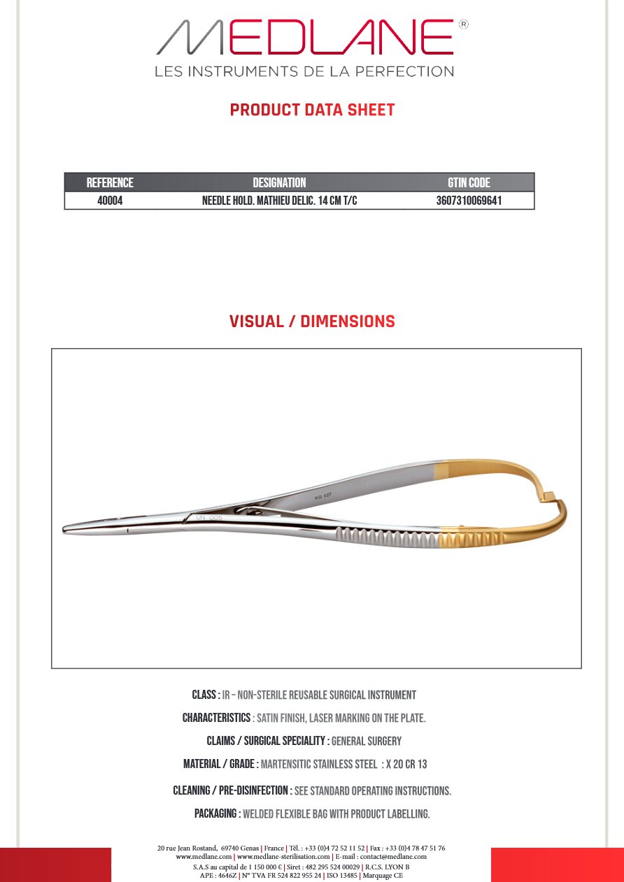 Photo produit MEDLANE : Porte Aiguille Mathieu Delicat 140 mm Tungstène, référence 40004