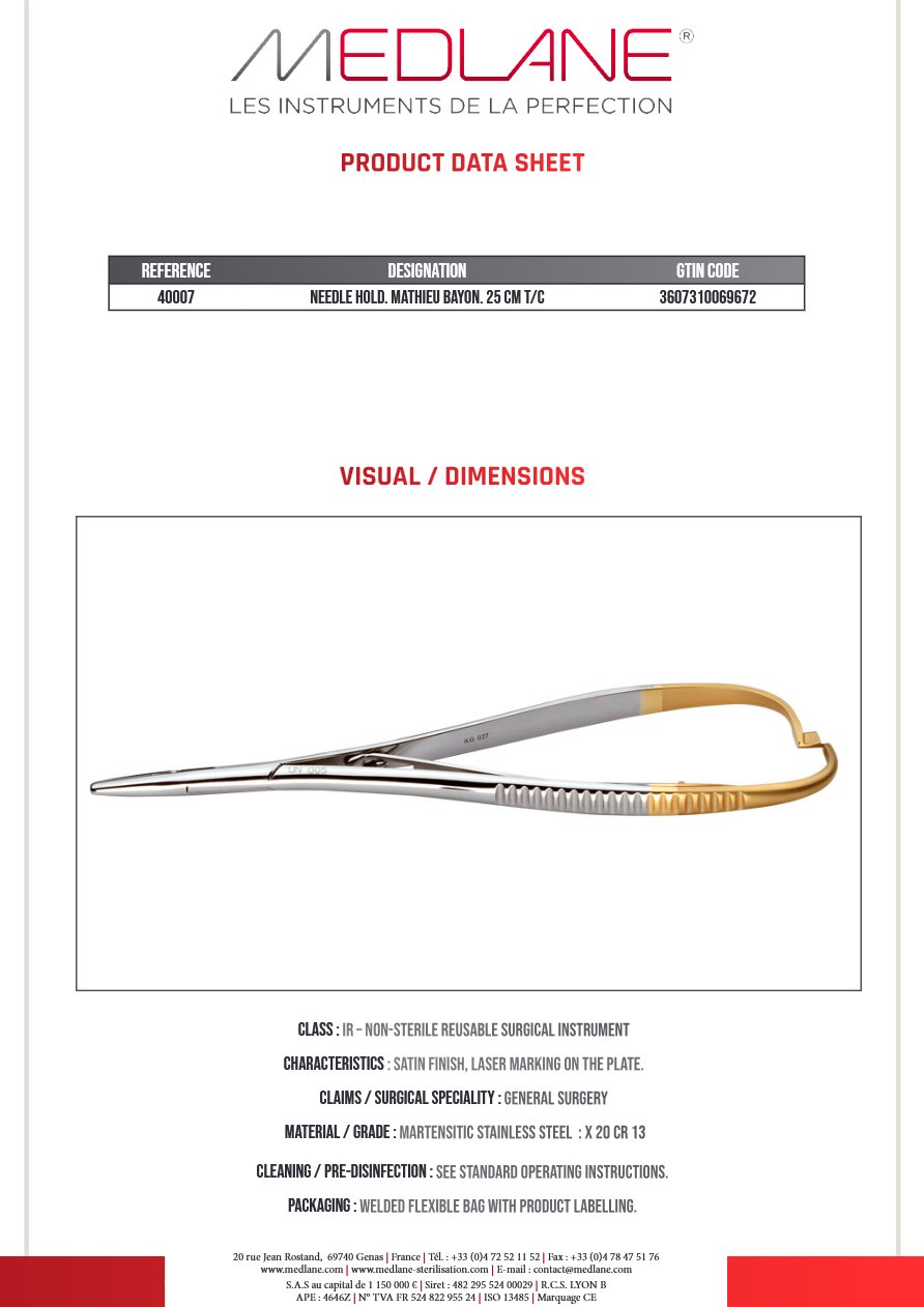 Photo produit MEDLANE : Porte Aiguille Mathieu Baionnette 250 mm Tungstène, référence 40007