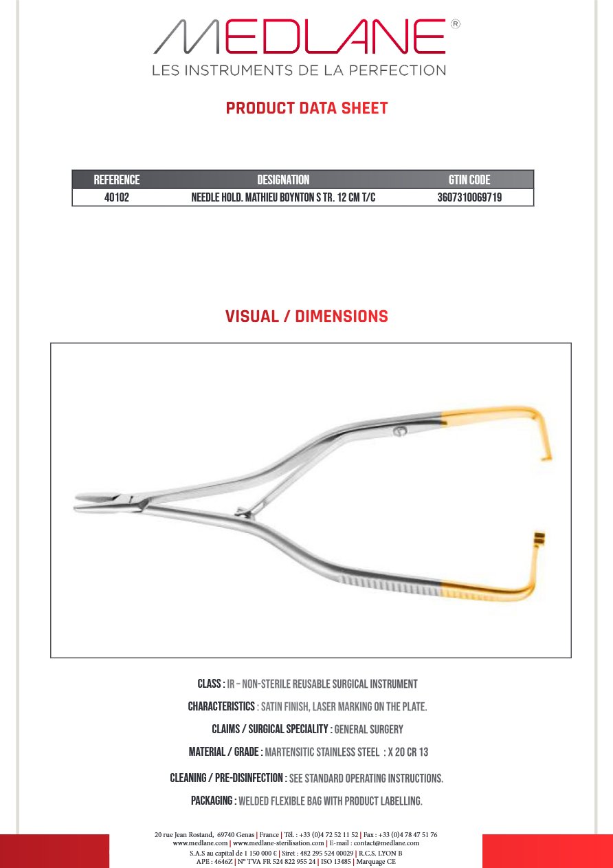 Porte Aiguille Mathieu Boynton 120 mm Droit Tungstène — REF 40102