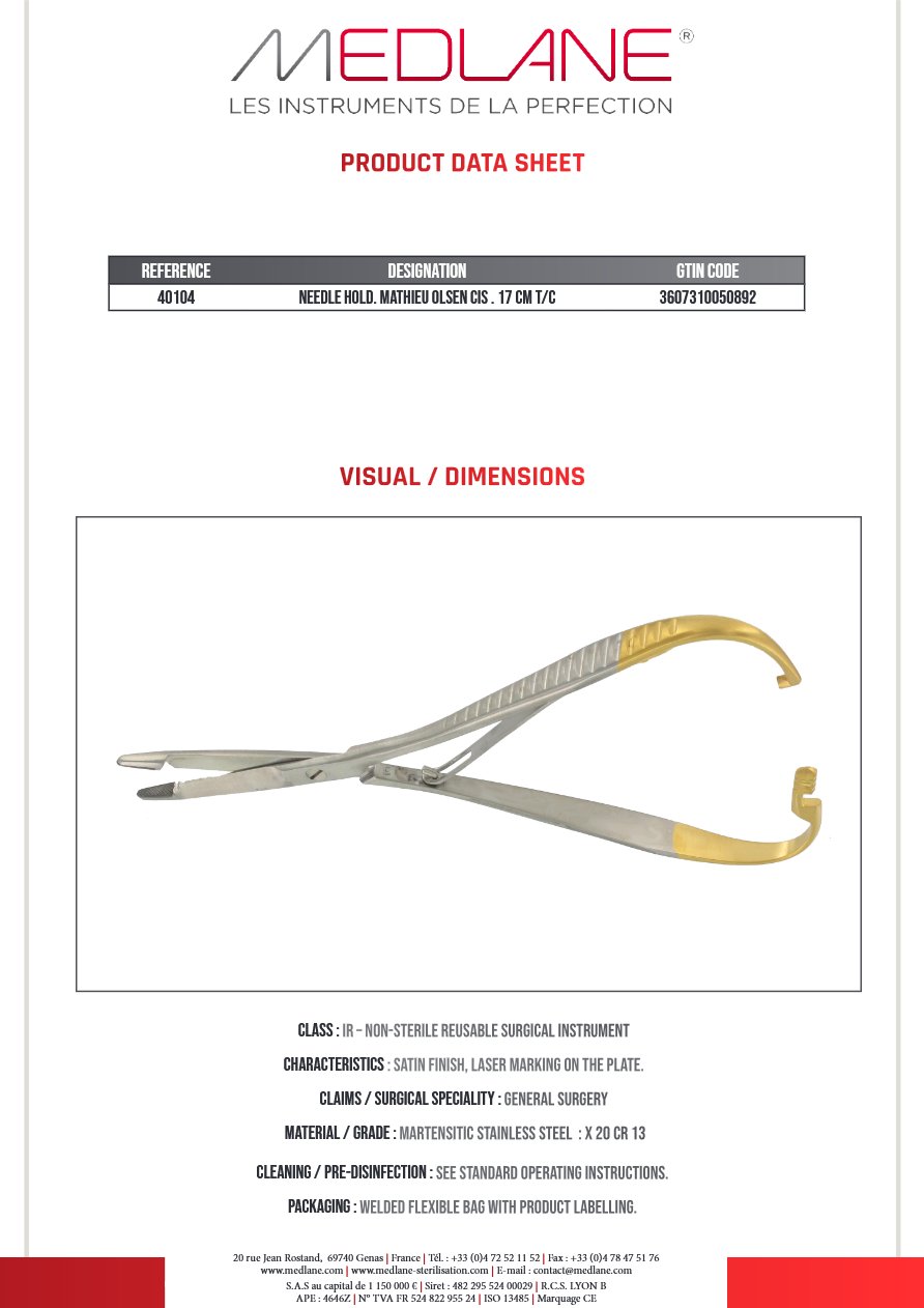 Porte Aiguille Mathieu Olsen Ciseaux 170 mm Tungstène — REF 40104