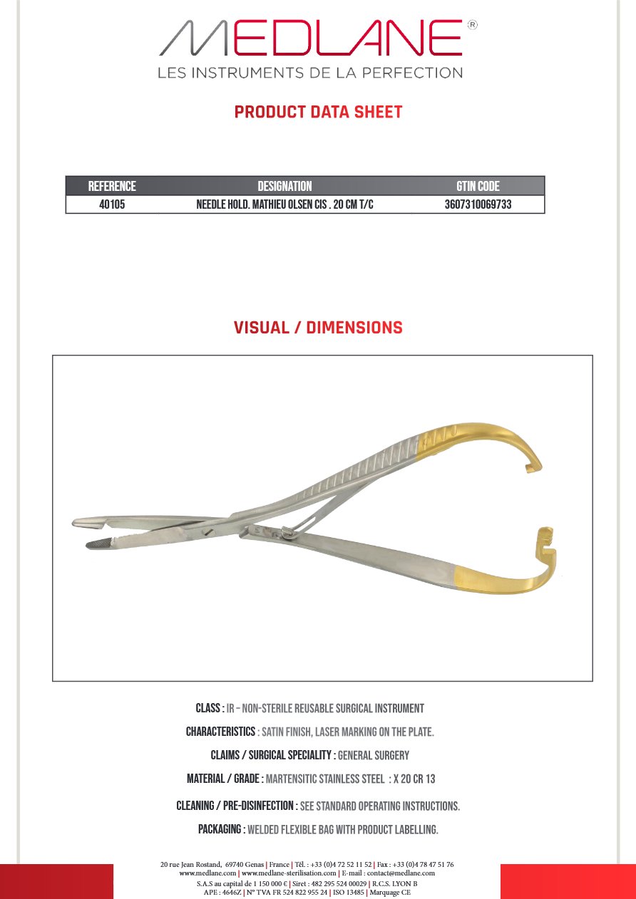 Porte Aiguille Mathieu Olsen Ciseaux 200 mm Tungstène — REF 40105