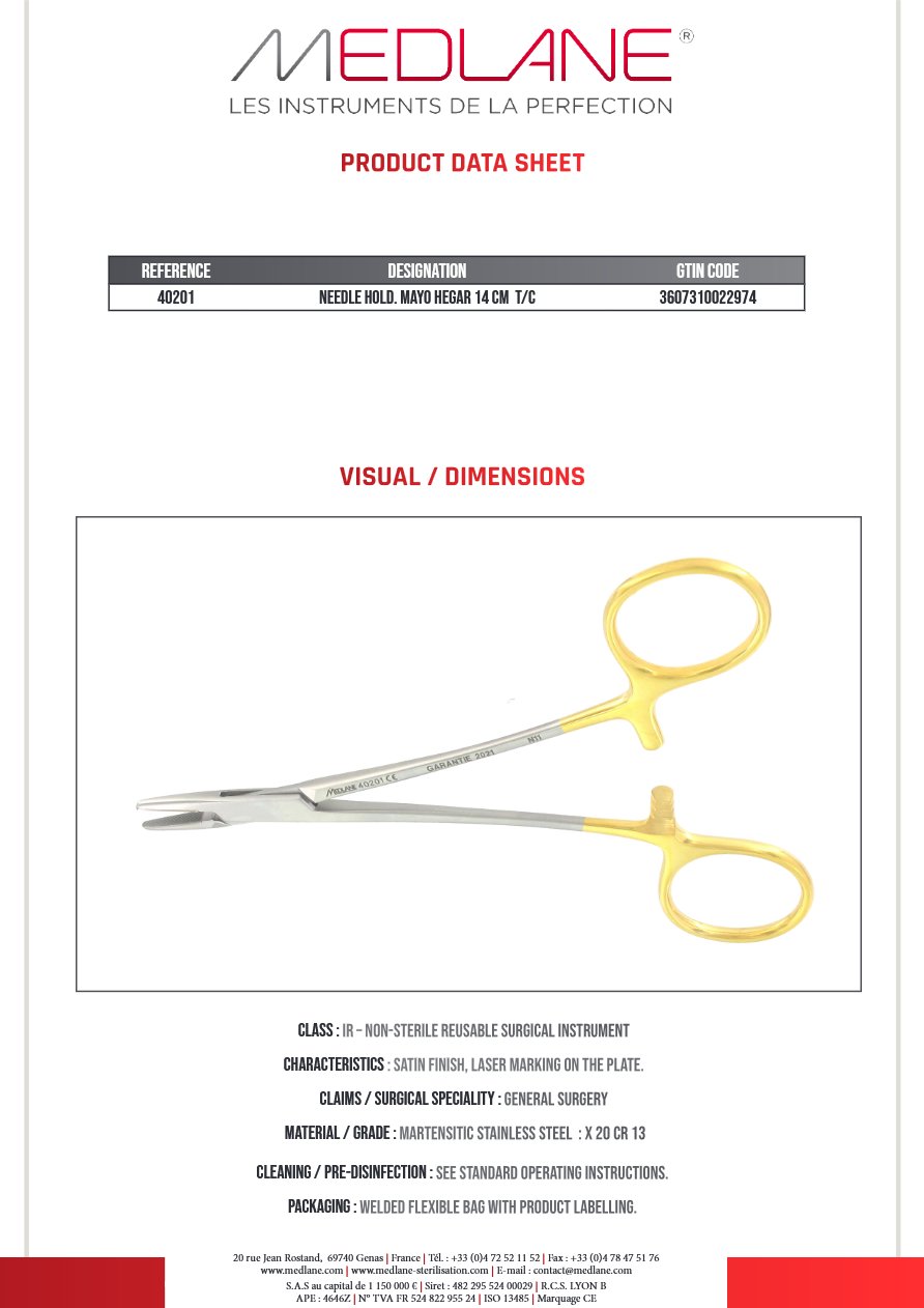 Photo produit MEDLANE : Porte Aiguille Mayo Hegar 140 mm Tungstène, référence 40201P