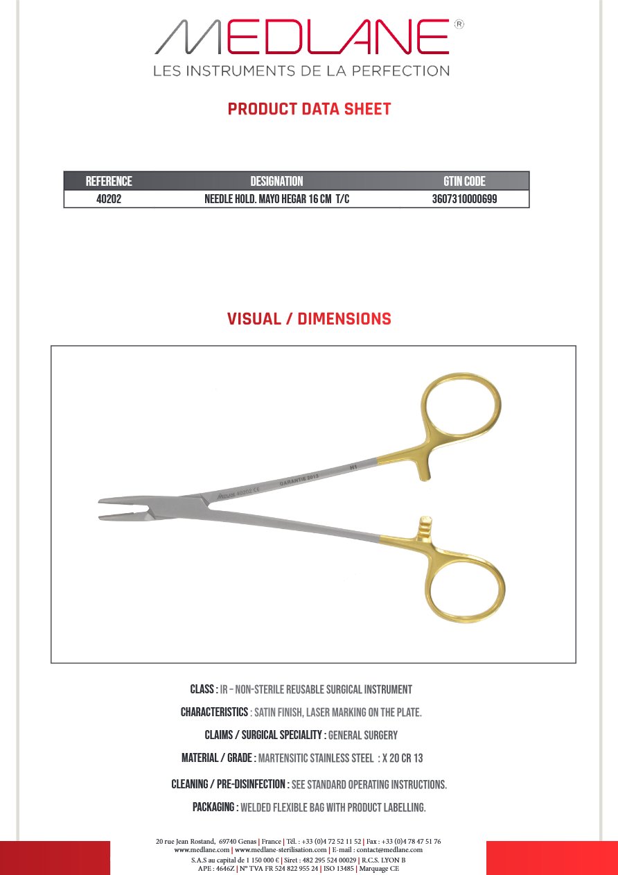 Photo produit MEDLANE : Porte Aiguille Mayo Hegar 160 mm Tungstène, référence 40202P