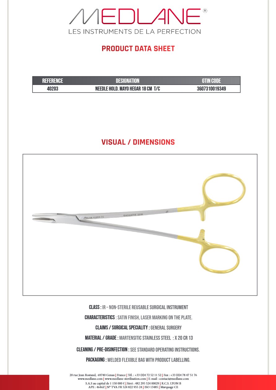 Photo produit MEDLANE : Porte Aiguille Mayo Hegar 180 mm Tungstène, référence 40203P