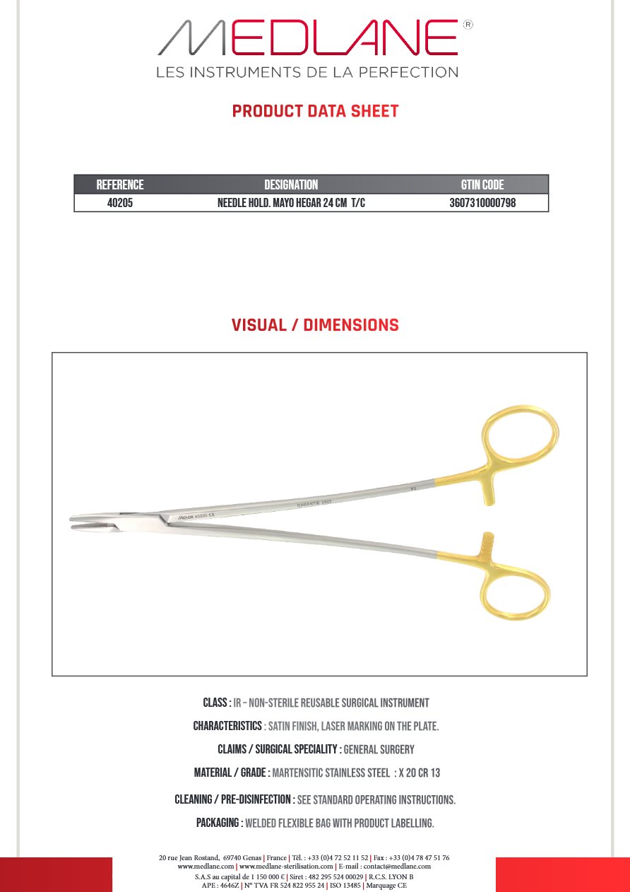 Photo produit MEDLANE : Porte Aiguille Mayo Hegar 240 mm Tungstène, référence 40205P