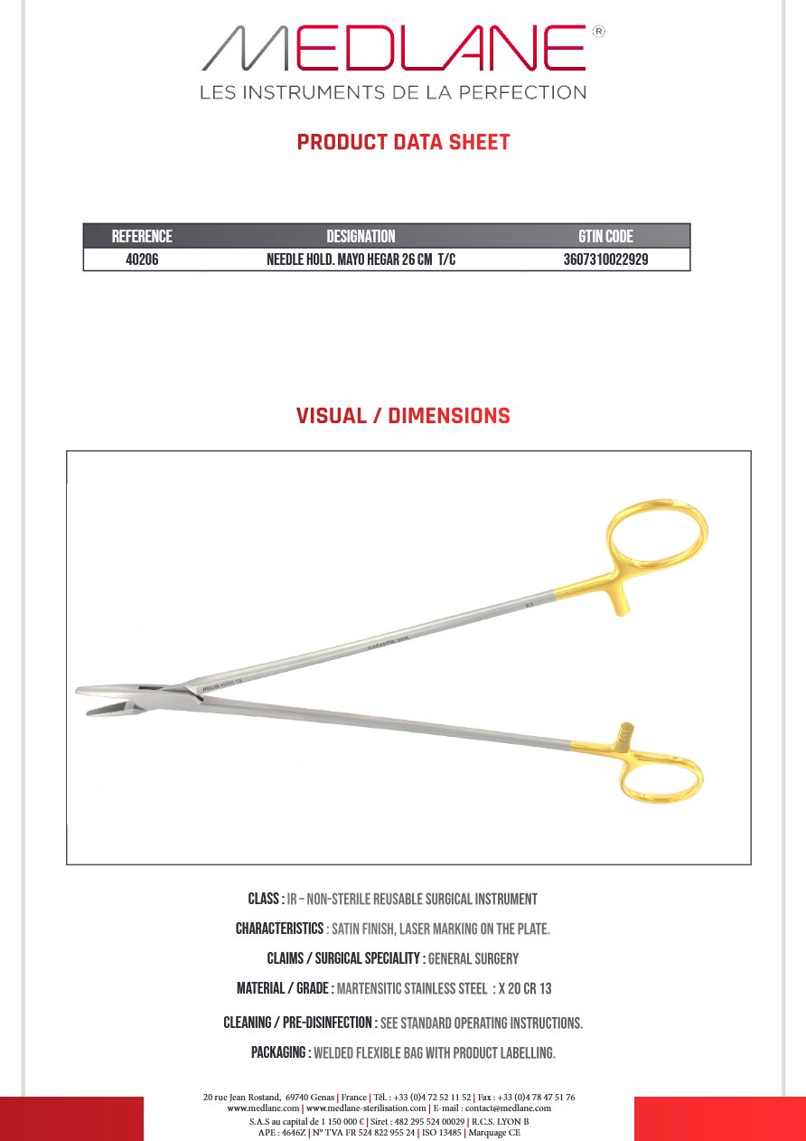 Photo produit MEDLANE : Porte Aiguille Mayo Hegar 260 mm Tungstène, référence 40206P