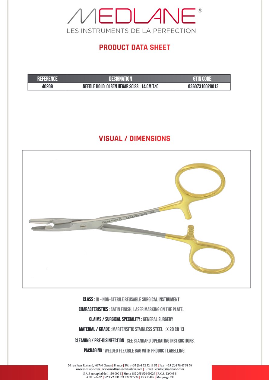 Silhouette complète : Porte Aiguille Olsen Hegar Ciseaux 140 mm Tungstène, référence MEDLANE 40209P