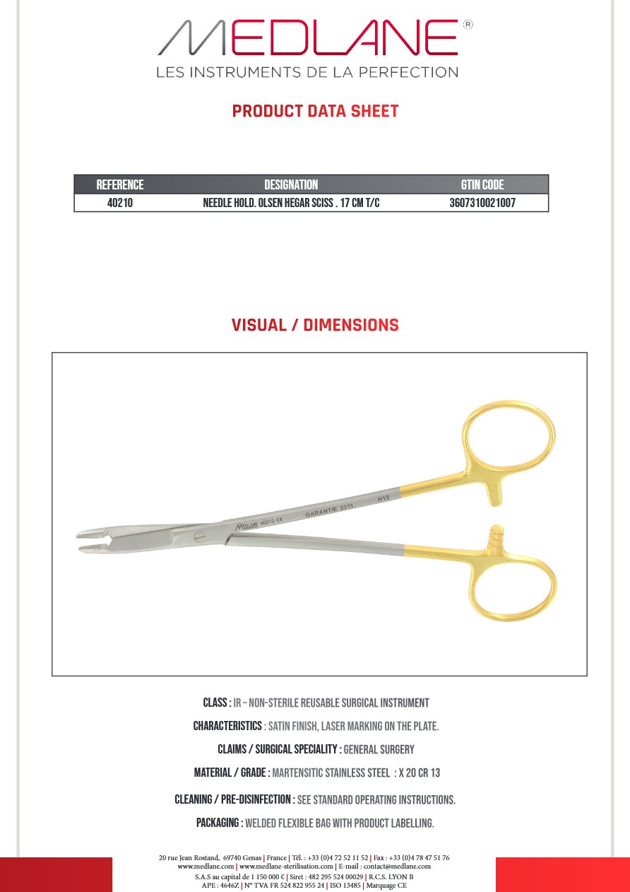 Photo produit MEDLANE : Porte Aiguille Olsen Hegar Ciseaux 170 mm Tungstène, référence 40210P