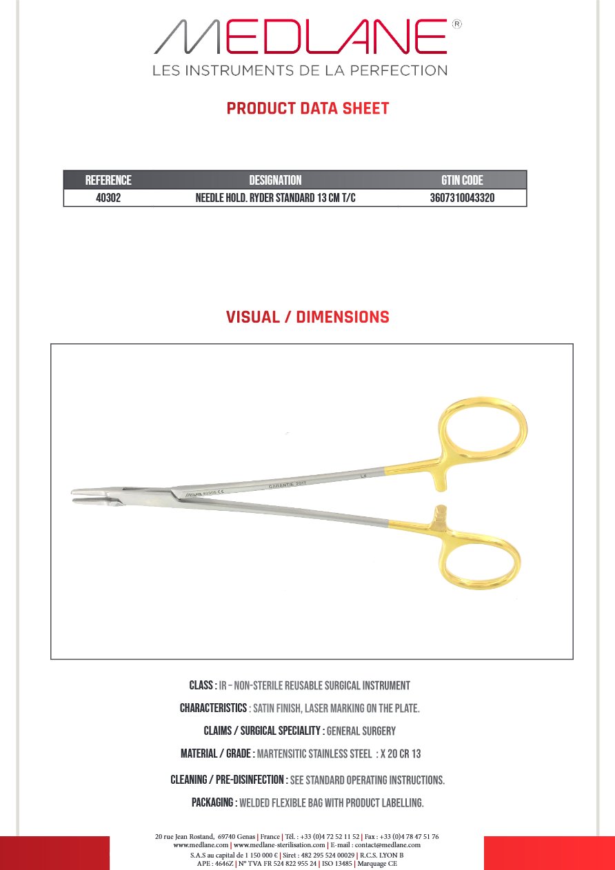 Silhouette complète d'un porte-aiguille Ryder MEDLANE : Porte Aiguille Ryder Standard 130 mm Tungstène, référence 40302P