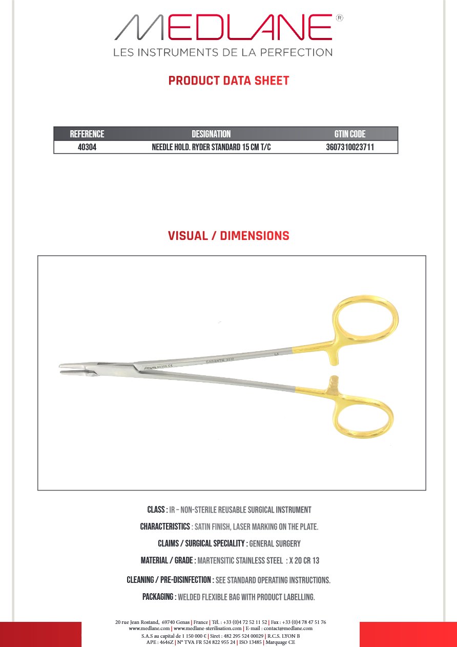 Photo produit MEDLANE : Porte Aiguille Ryder Standard 150 mm Tungstène, référence 40304P
