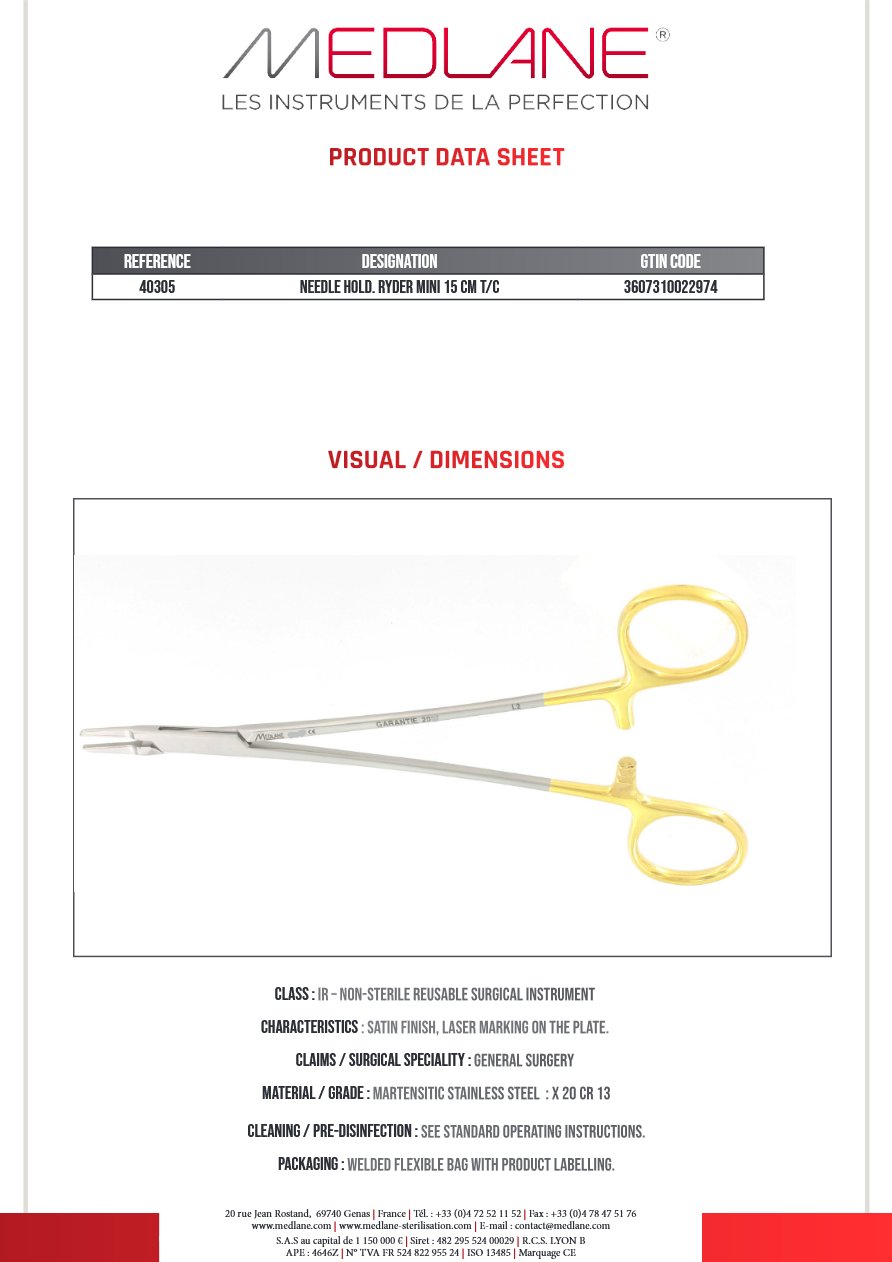 Silhouette complète d'un porte-aiguille Ryder Mini MEDLANE : Porte Aiguille Ryder Mini 150 mm Tungstène, référence 40305P
