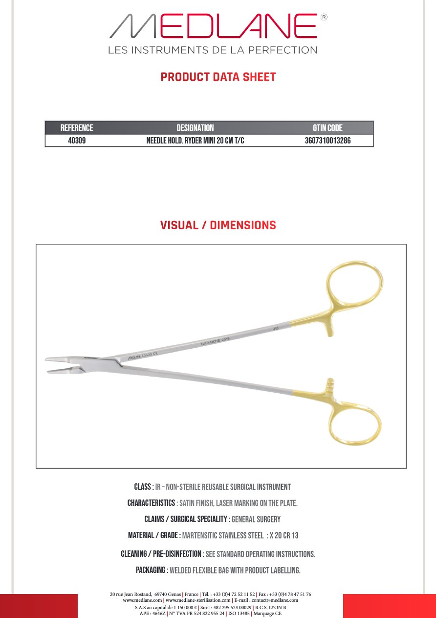 Silhouette complète d'un porte-aiguille Ryder Mini MEDLANE : Porte Aiguille Ryder Mini 200 mm Tungstène, référence 40309P