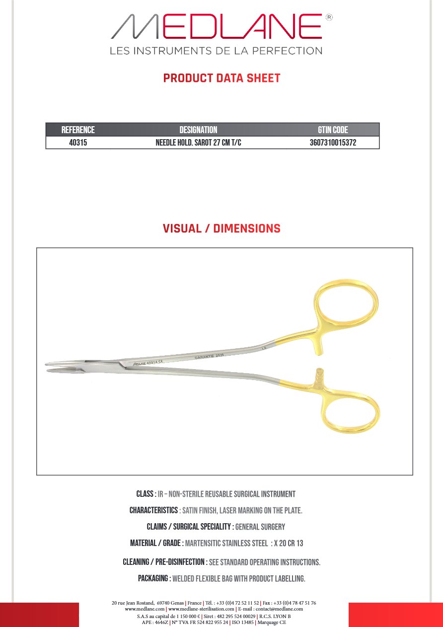 Porte Aiguille Sarot 270 mm Tungstène — REF 40315P