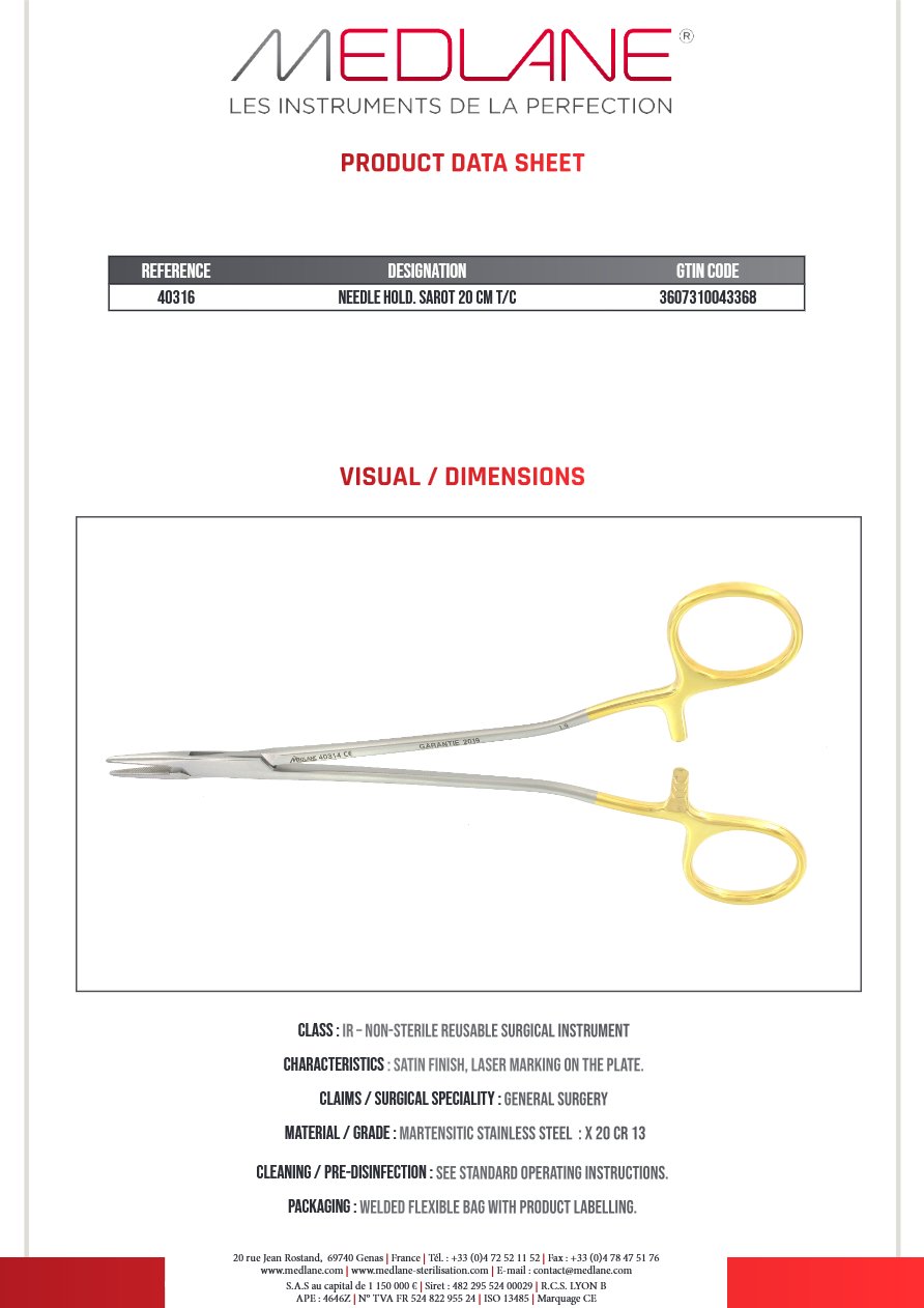 Photo produit MEDLANE : Porte Aiguille Sarot 200 mm Tungstène, référence 40316P