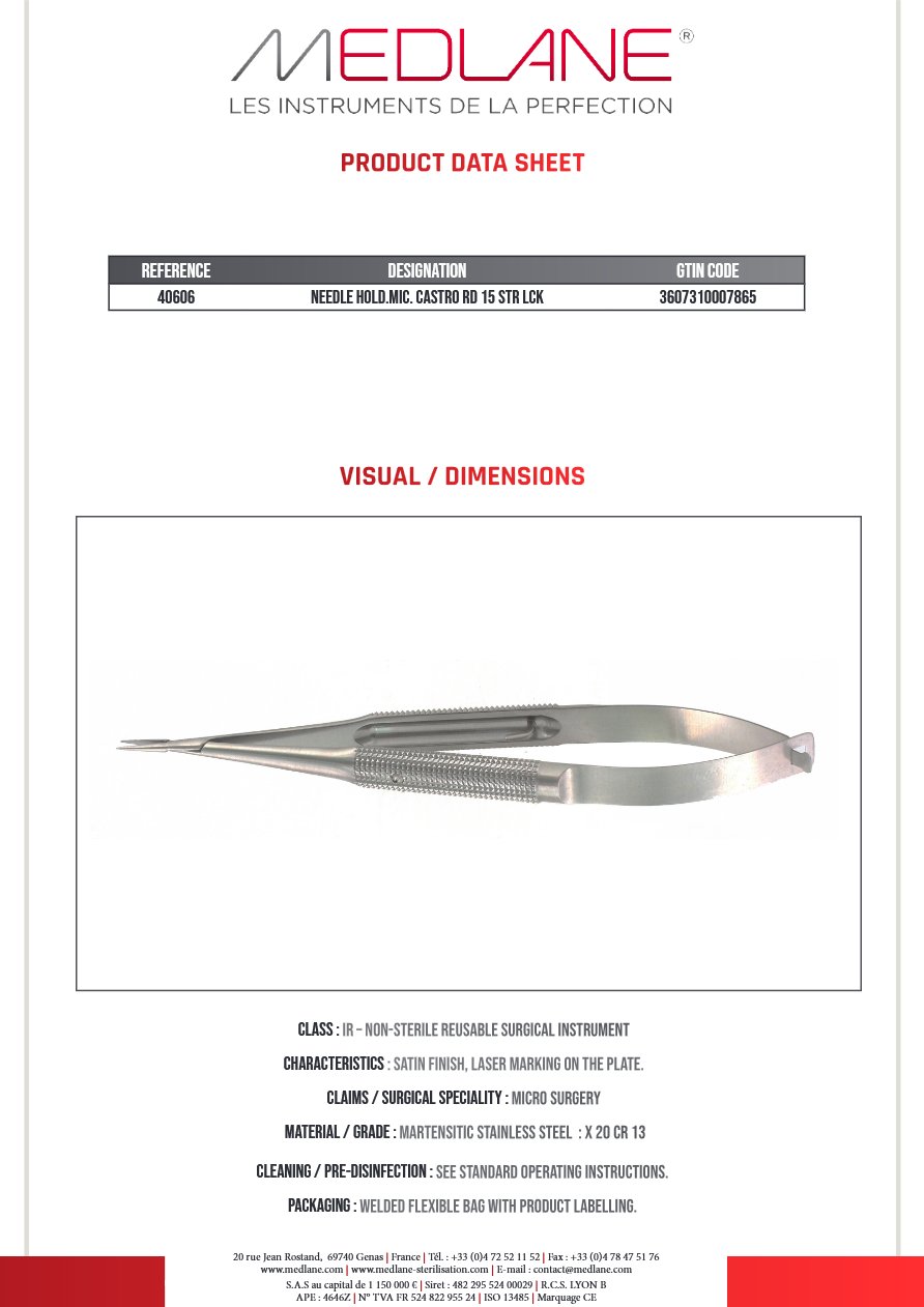 Porte Aiguille Castro Corps Rond 150 mm Droit a Verrou Mors Lisse 12 X 0,8 X 1,2 mm — REF 40606