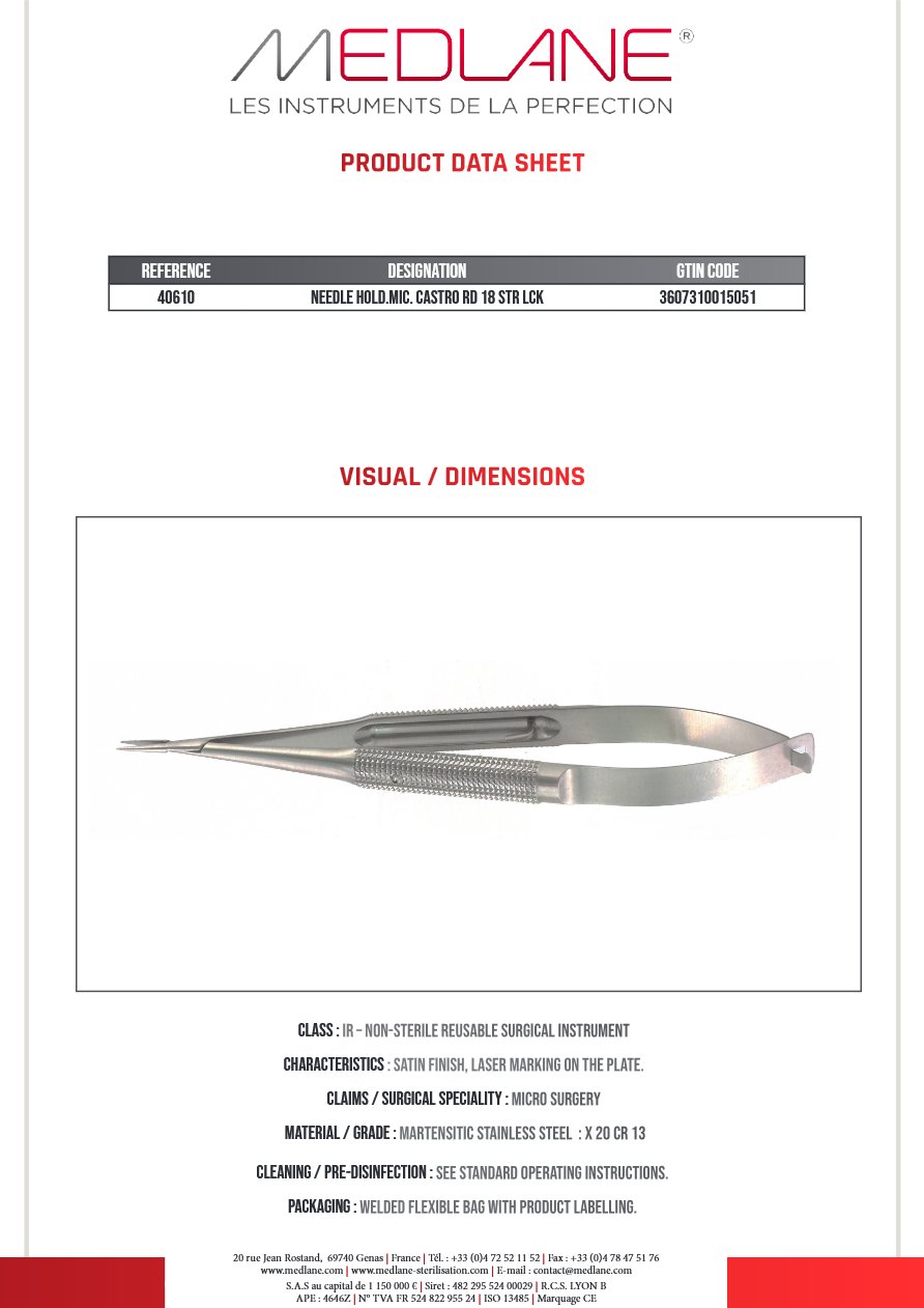 Porte Aiguille Castro Corps Rond 180 mm Droit a Verrou Mors Lisse 12 X 0,8 X 1,2 mm — REF 40610
