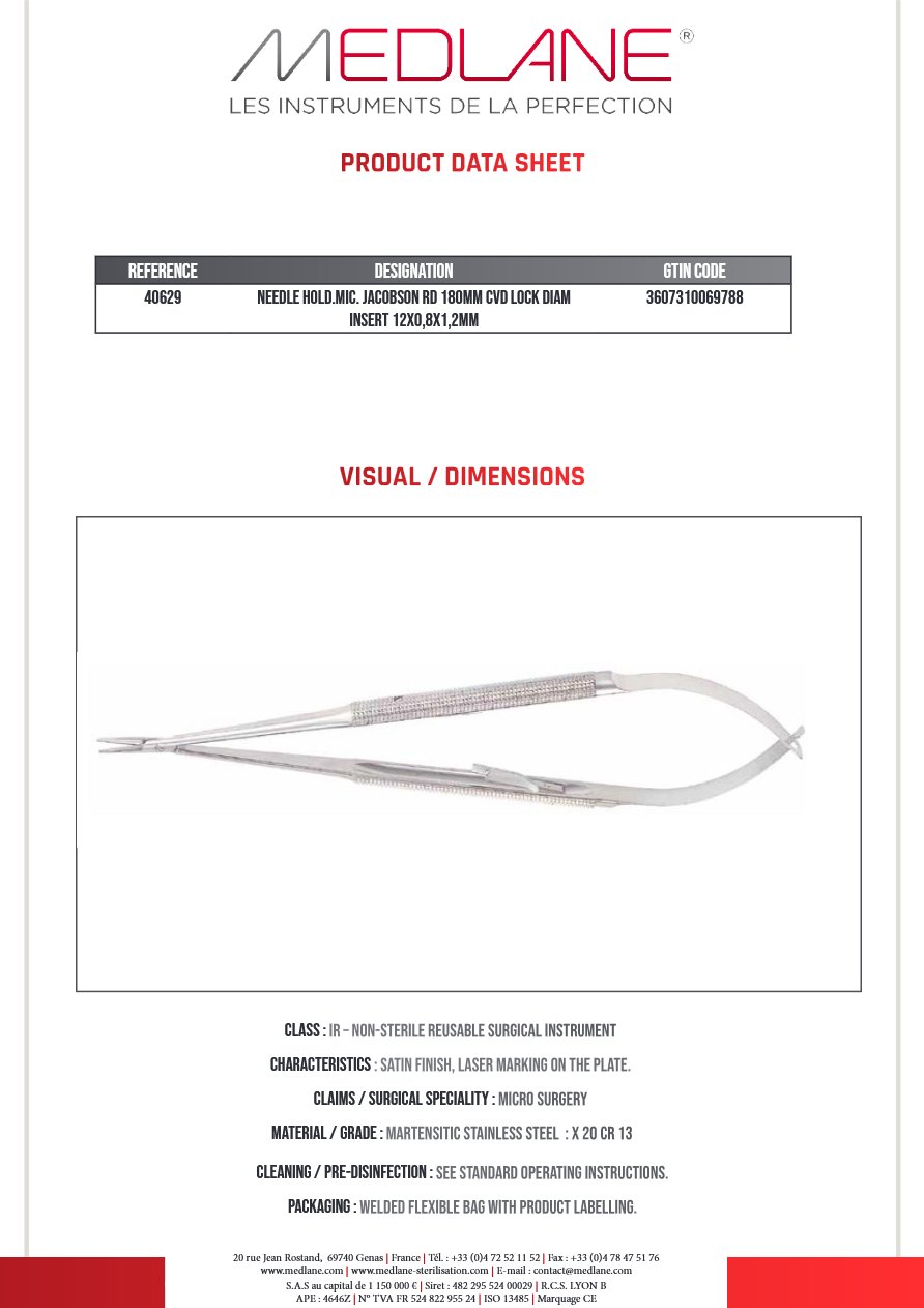 Porte Aiguille micro Jacobson Corps Rond 180 mm Courbe Verrou Mors Diamètre-insert 12 X 0,8 X 1,2 mm — REF 40629