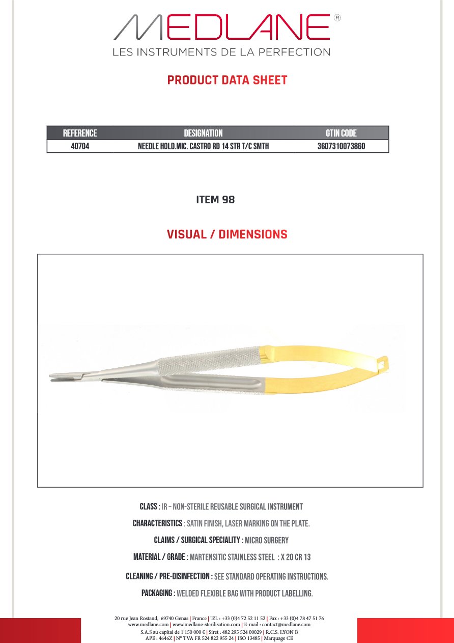 Porte Aiguille micro Castro Corps Rond 140 mm Droit Mors Tungstène Lisse 12 X 1,3 X 2,0 mm — REF 40704P