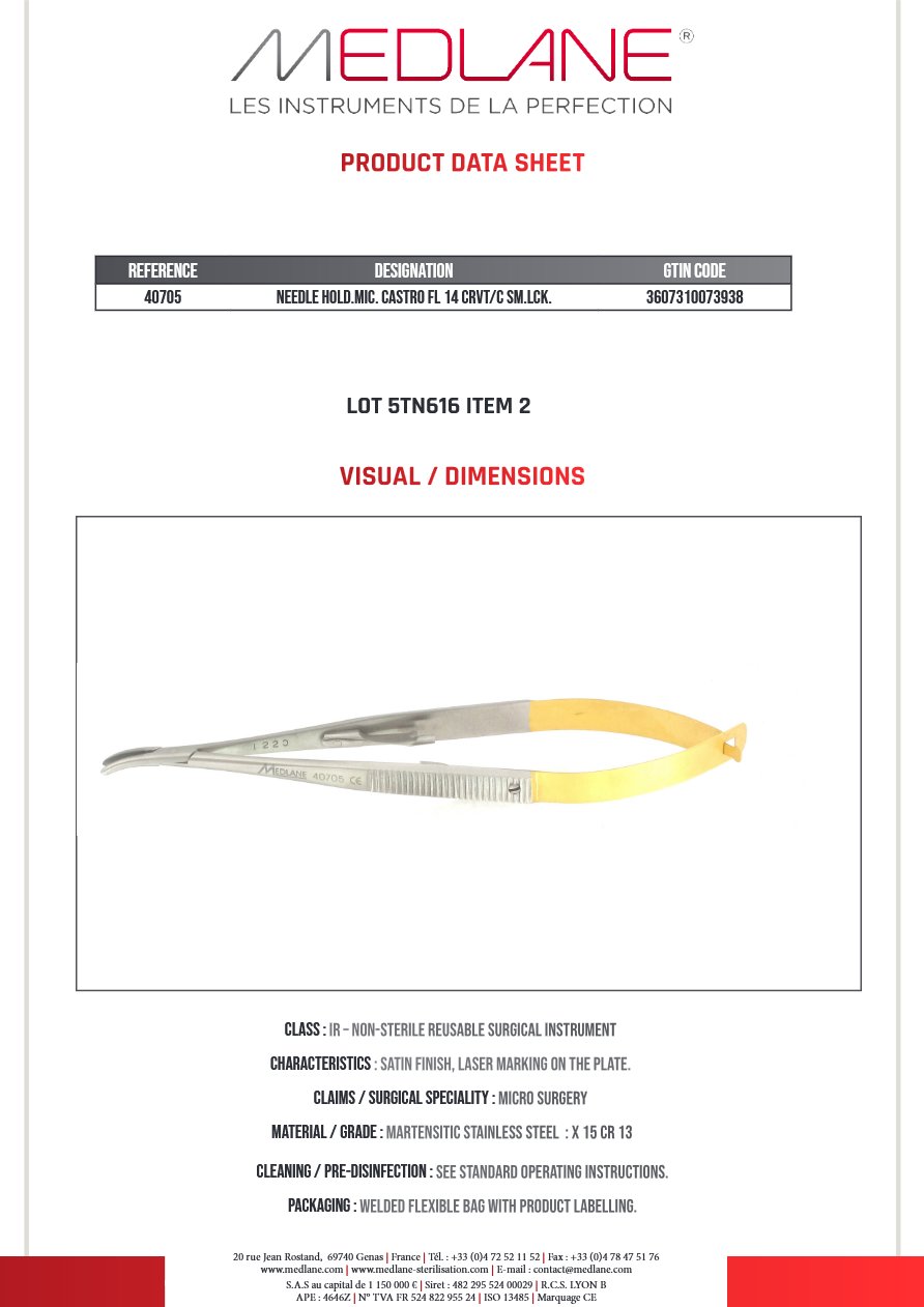 Porte Aiguille micro Castro Corps Plateau 140 mm Courbe a Verrou Mors Tungstene Lisse 12 X 1,6 X 2,3 mm — REF 40705