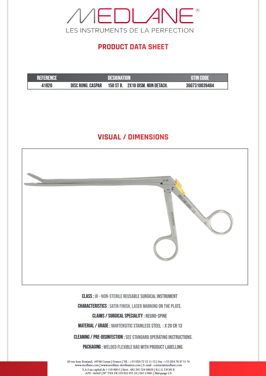 Silhouette complète d'un instrument MEDLANE Rongeur à disque Caspar : Rongeur Disque Caspar 150 Droit 2X10 Démontable Non Détachable., référence 41820