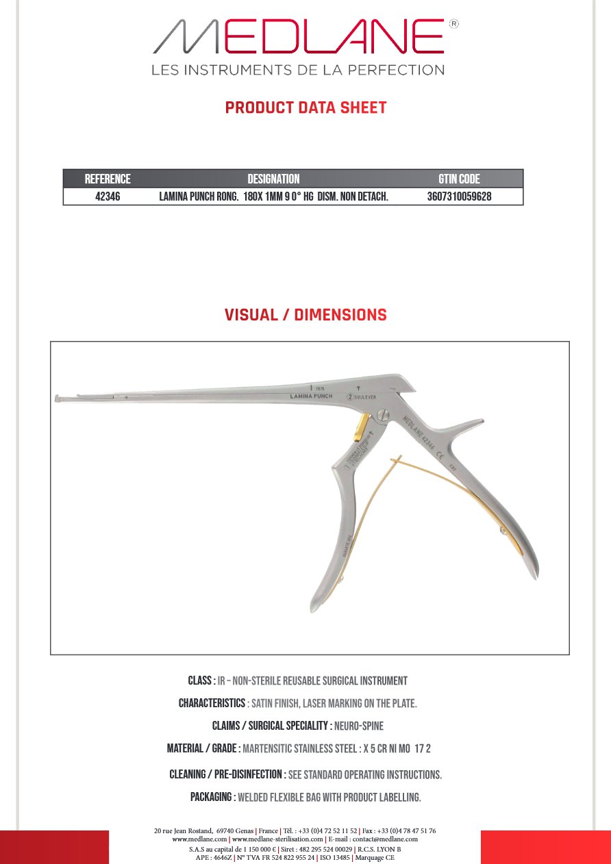 Silhouette complète d'un instrument MEDLANE Lamina Punch : LAMINA PUNCH Rongeur 180X 1MM 9 0° HG Démontable NON Démontable, référence 42346