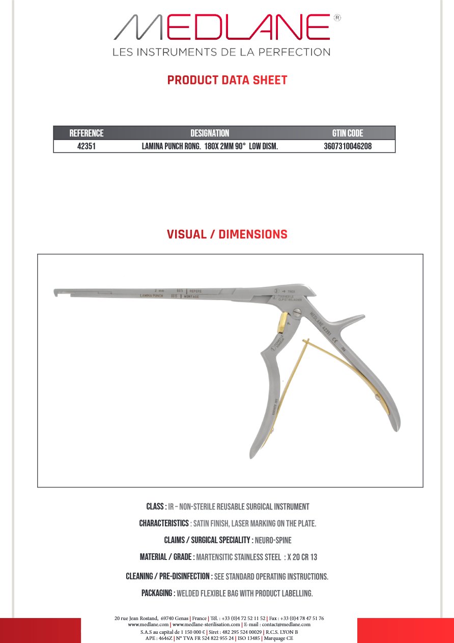 Photo produit MEDLANE : LAMINA PUNCH Rongeur 180X 2MM 90° LOW Démontable, référence 42351