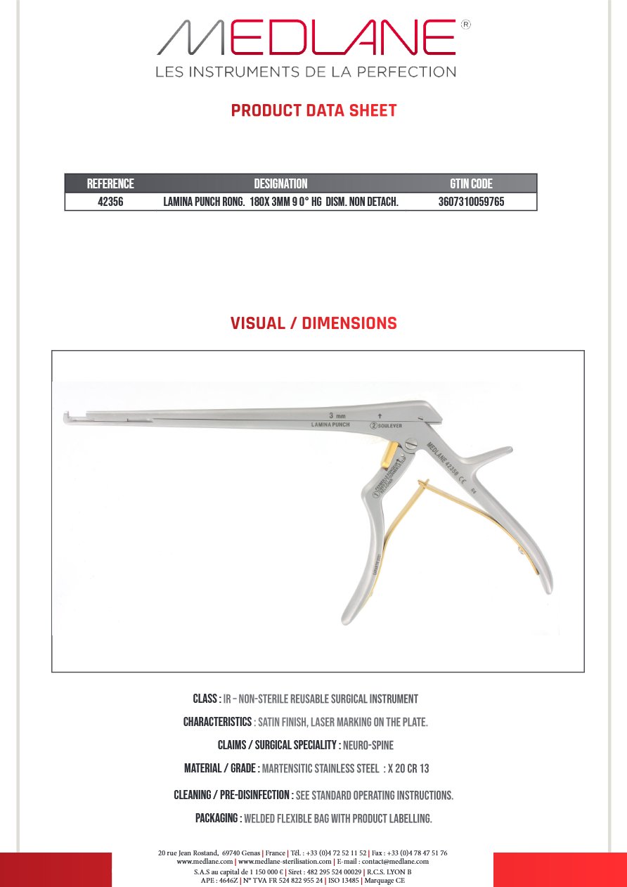 Silhouette complète : LAMINA PUNCH Rongeur 180X 3MM 9 0° HG Démontable NON Démontable, référence MEDLANE 42356