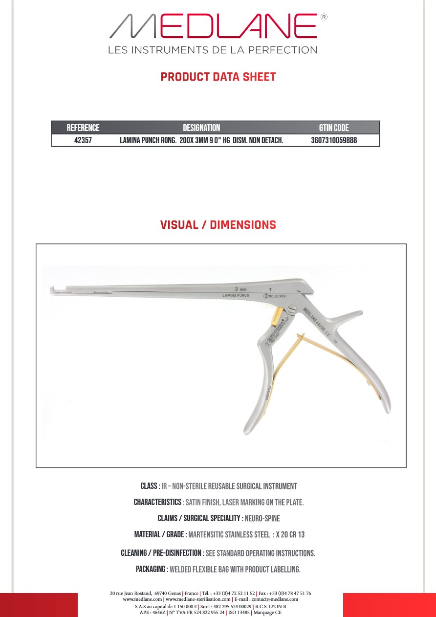 Silhouette complète d'un instrument MEDLANE Lamina Punch : LAMINA PUNCH Rongeur 200X 3MM 9 0° HG Démontable NON Démontable, référence 42357