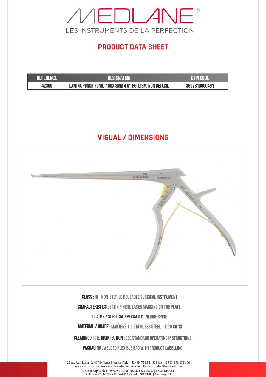 Lamina Punch Rongeur 180X 3MM 40° Hg Démontable Non Détachable (small Handle) — REF 42360