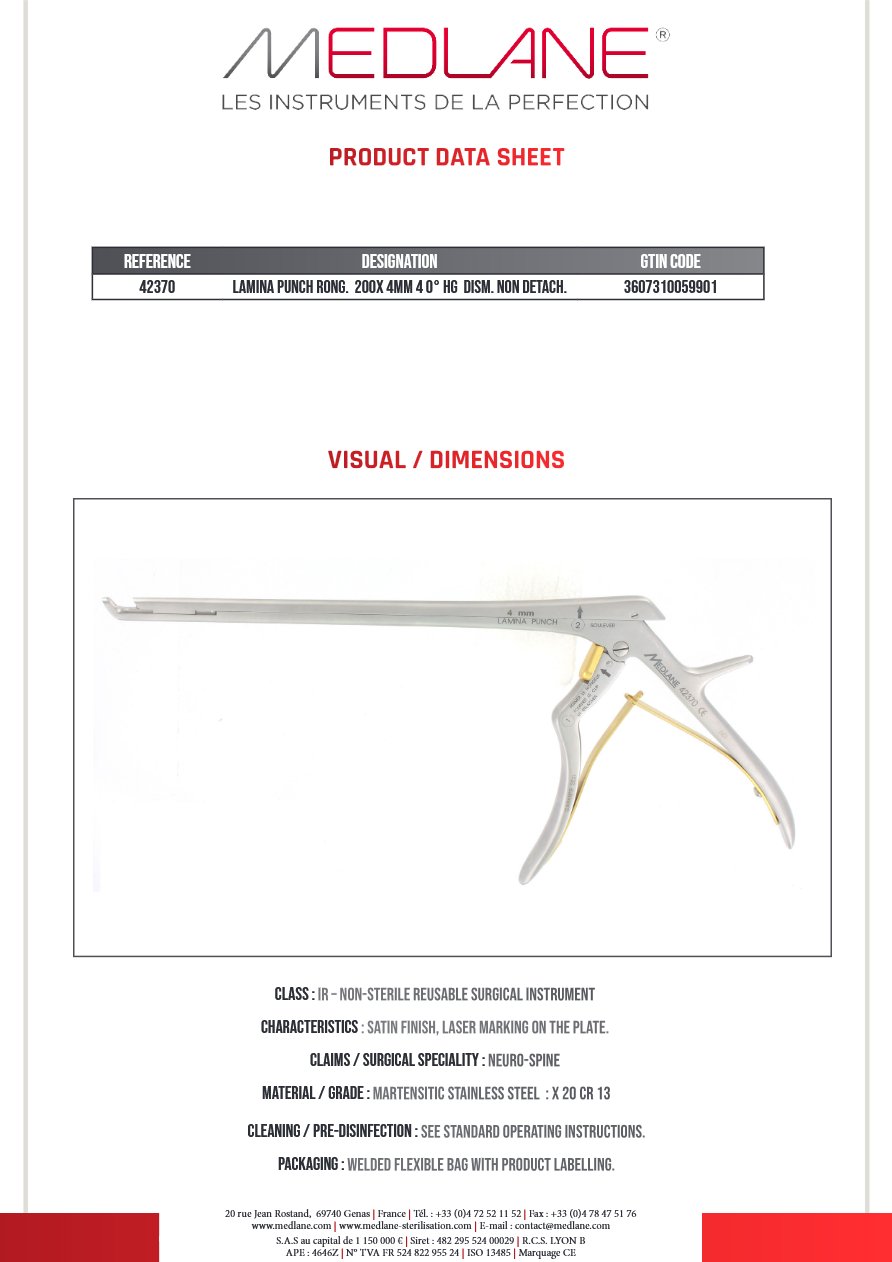 Lamina Punch Rongeur 200X 4MM 40° Hg Démontable Non Détachable (small Handle) — REF 42370