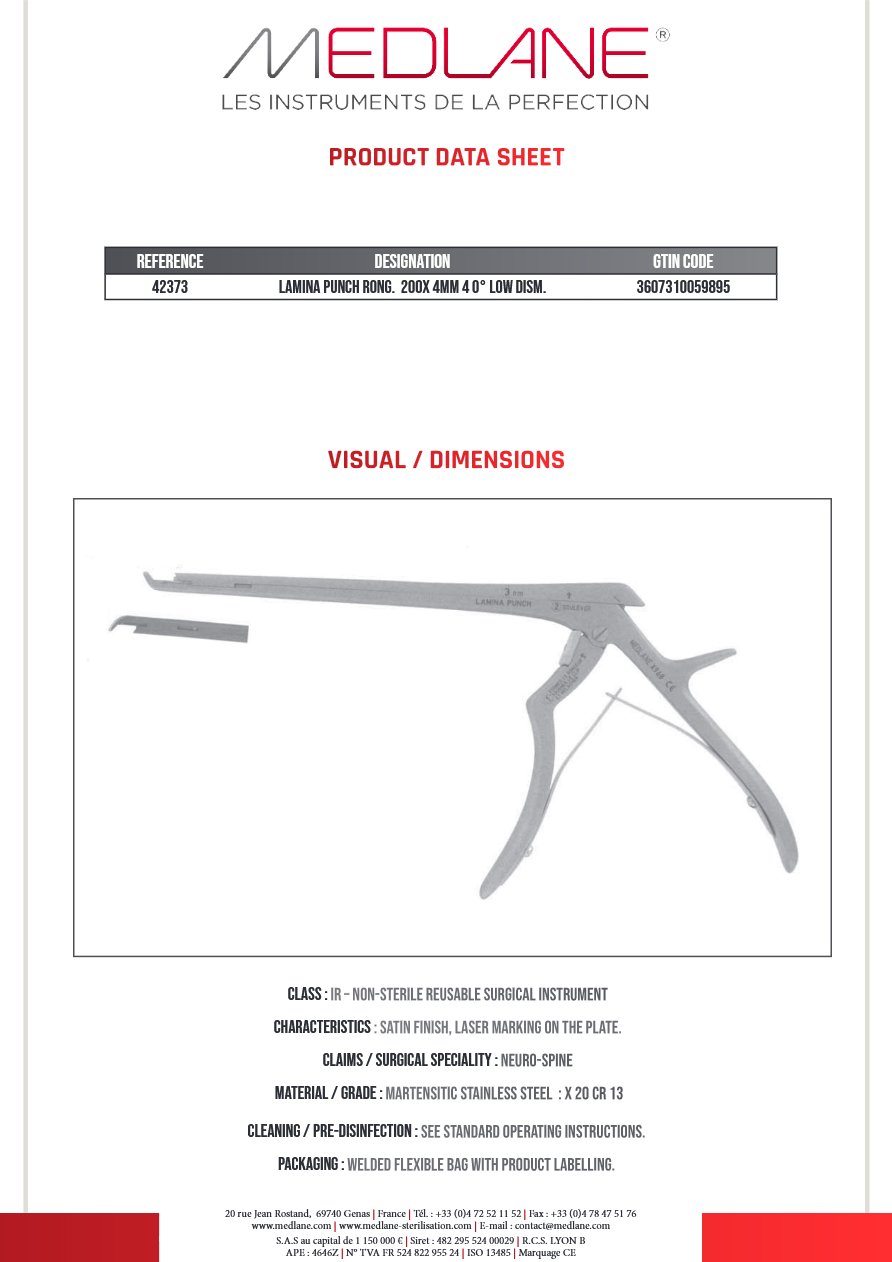 Photo produit MEDLANE : LAMINA PUNCH Rongeur 200X 4MM 4 0° LOW Démontable, référence 42373