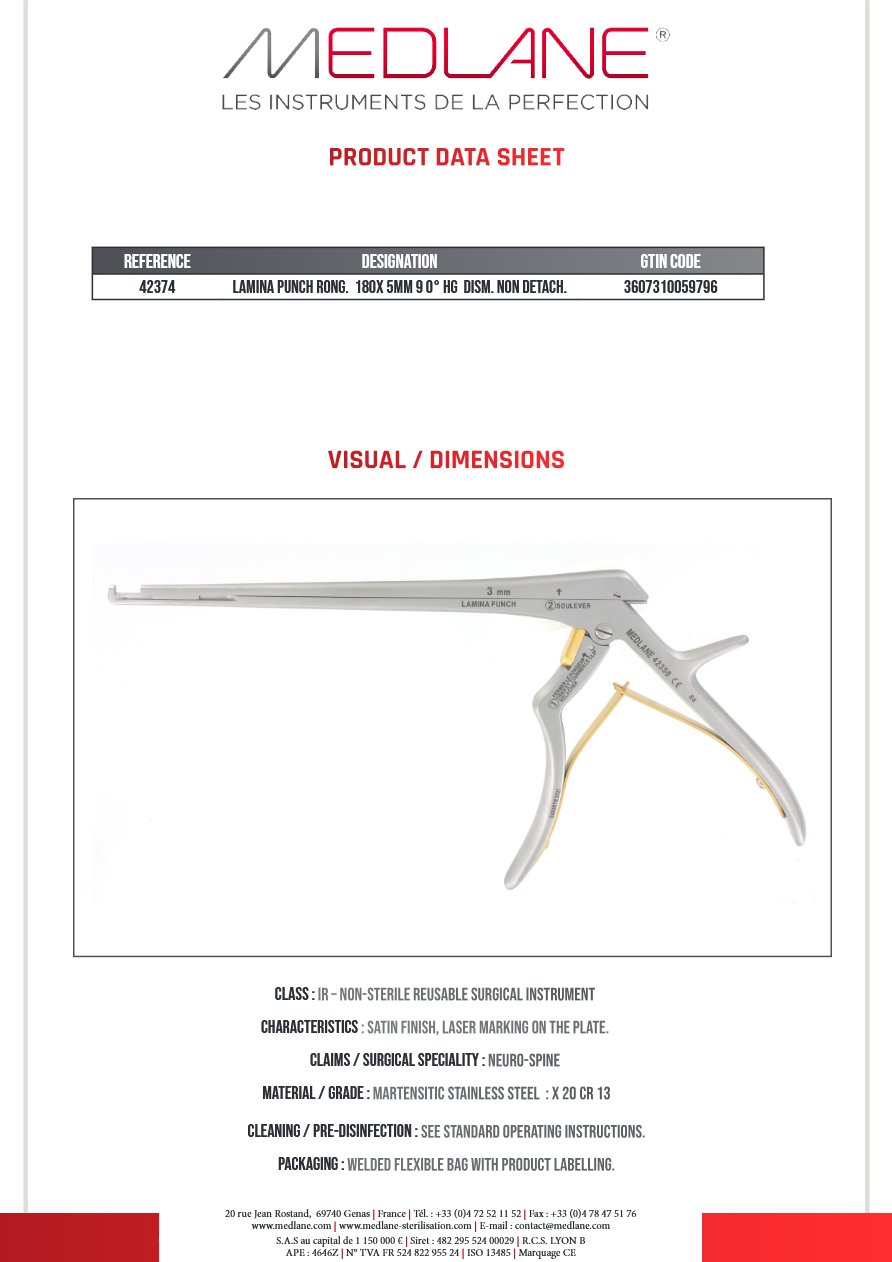Silhouette complète : LAMINA PUNCH Rongeur 180X 5MM 9 0° HG Démontable NON Démontable, référence MEDLANE 42374