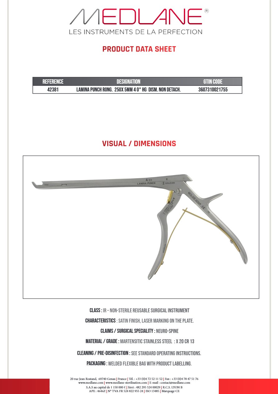 LAMINA PUNCH Rongeur 250X 5MM 4 0° HG Démontable NON Démontable — REF 42381