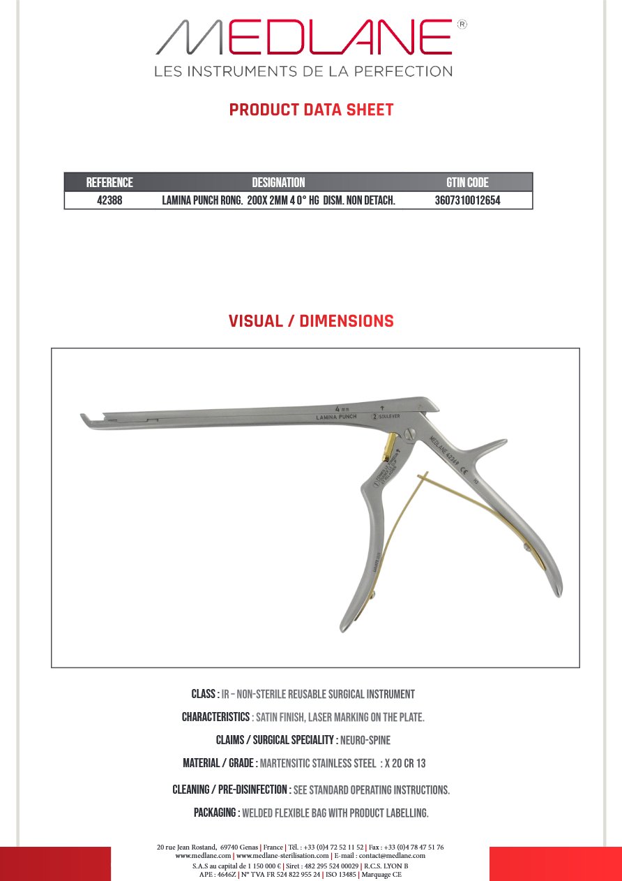 LAMINA PUNCH Rongeur 200X 2MM 4 0° HG Démontable NON Démontable — REF 42388