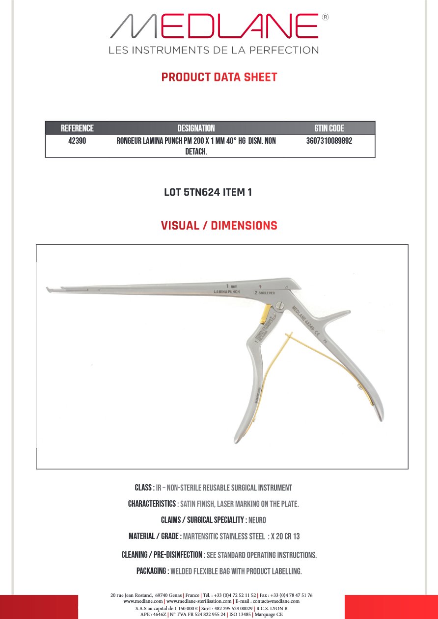 Lamina Punch Rongeur 200X 1MM 40° Hg Démontable Non Détachable (small Handle) — REF 42390