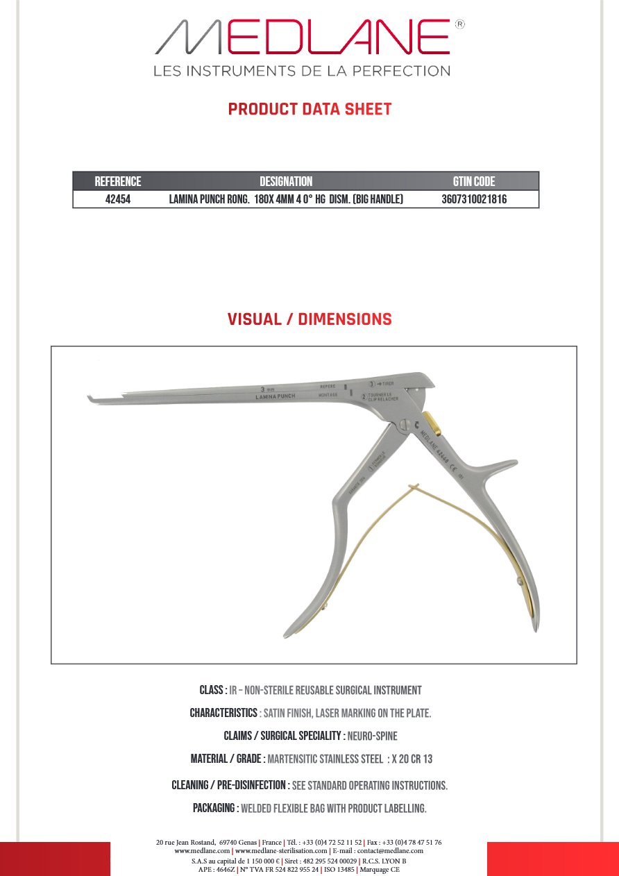LAMINA PUNCH Rongeur 180X 4MM 4 0° HG Démontable (BIG HANDLE) — REF 42454