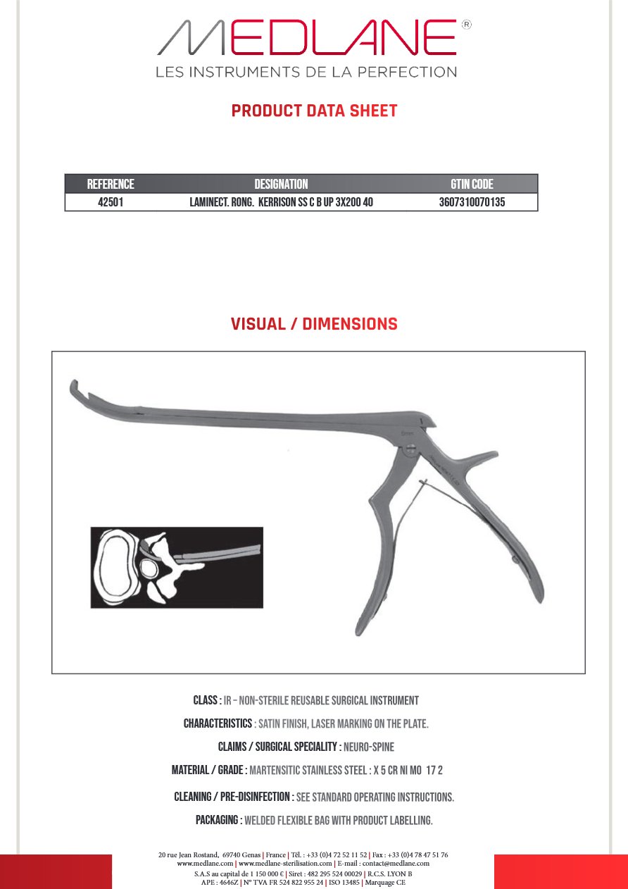 Photo produit MEDLANE : Rongeur Lames Kerrison Foramen Pm Courbe 3X200 40 Ht, référence 42501