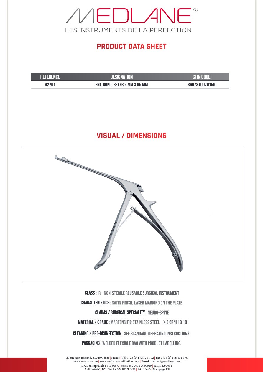 Rongeur O.R.L. Beyer 2.0 mm X 95 mm — REF 42701