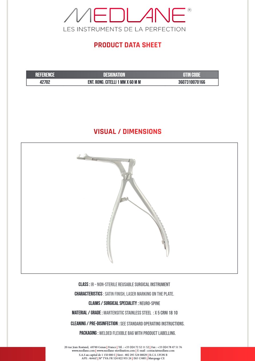 Rongeur O.R.L. Citelli 1.0 mm X 60 mm — REF 42702
