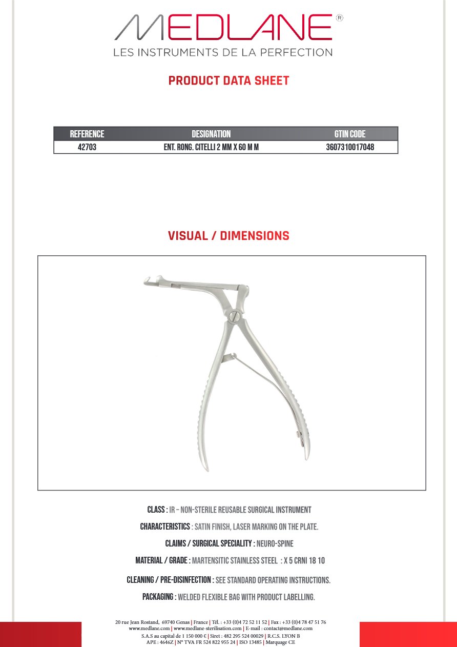 Rongeur O.R.L. Citelli 2.0 mm X 60 mm — REF 42703