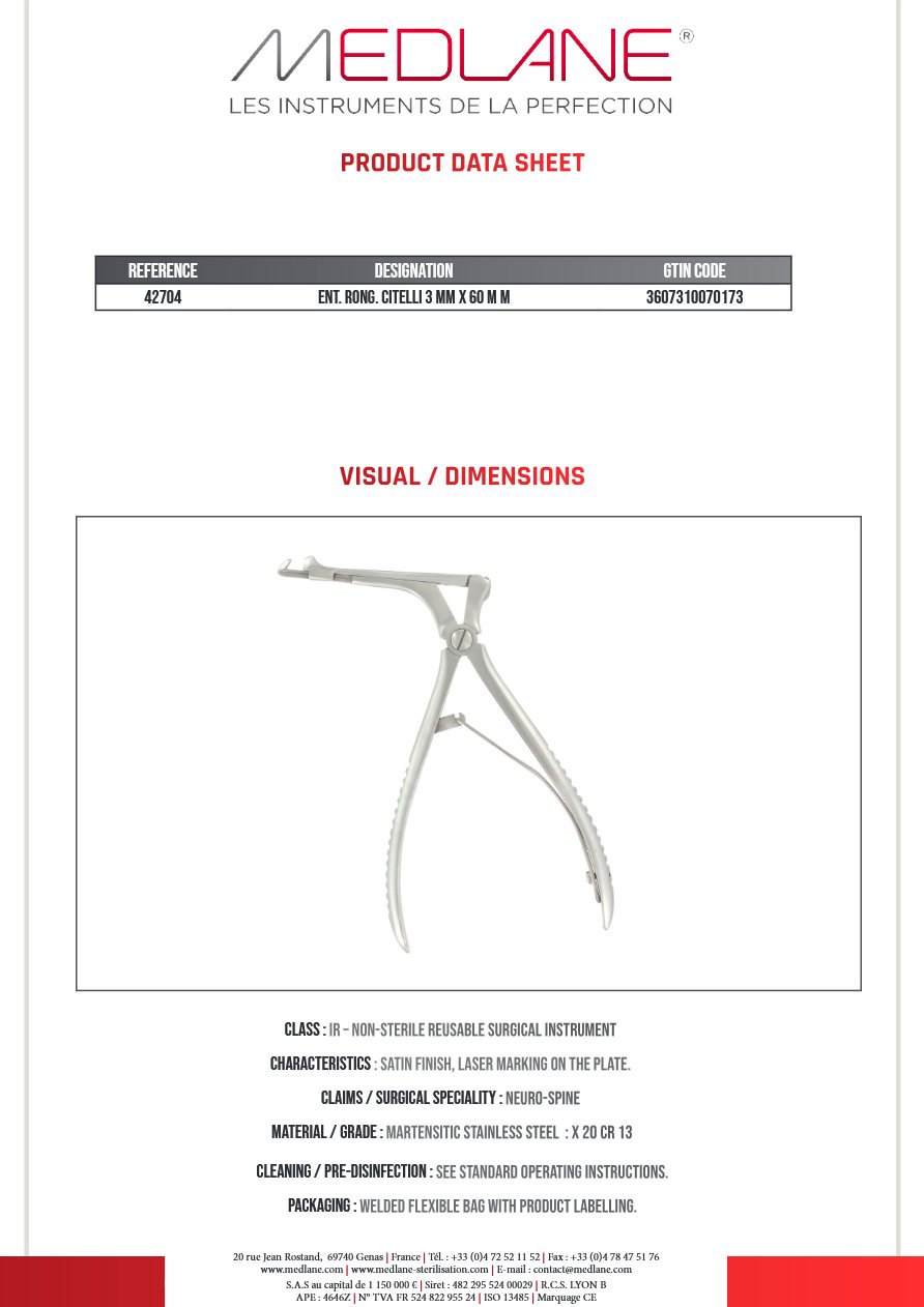 Rongeur O.R.L. Citelli 3.0 mm X 60 mm — REF 42704