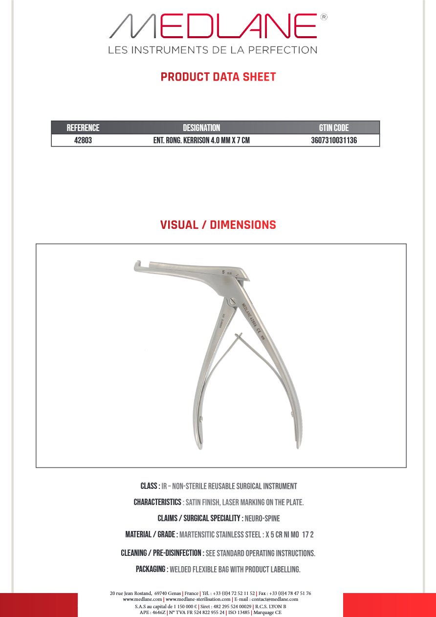 Rongeur O.R.L. Kerrison 4.0 mm X 70 mm — REF 42803
