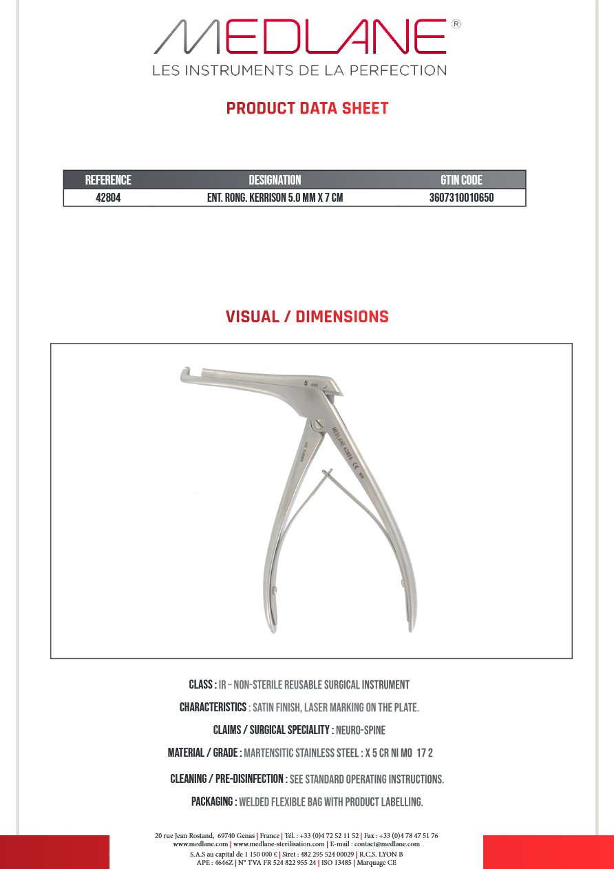 Rongeur O.R.L. Kerrison 5.0 mm X 70 mm — REF 42804