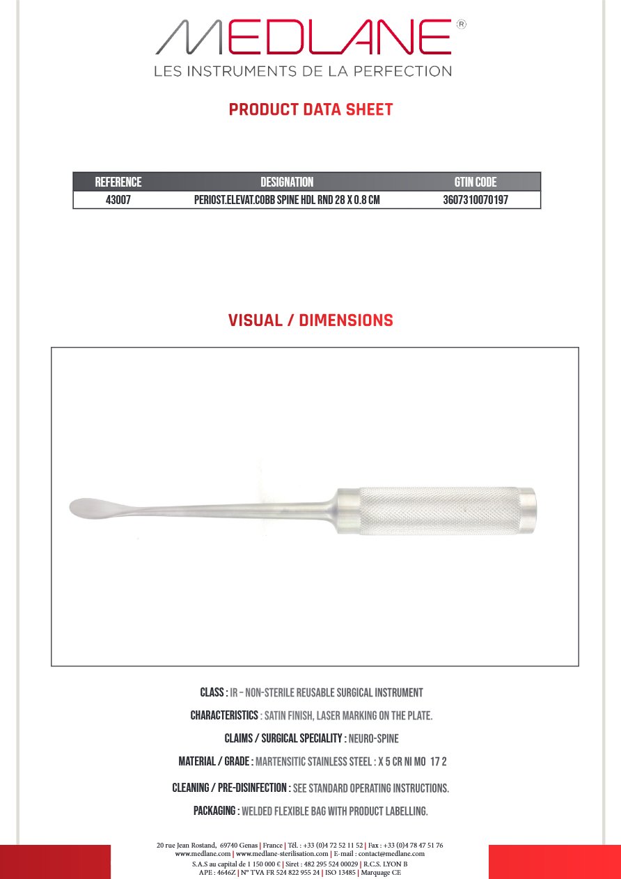 Rugine Cobb Rachis Mche Rond 280 X 8 mm — REF 43007