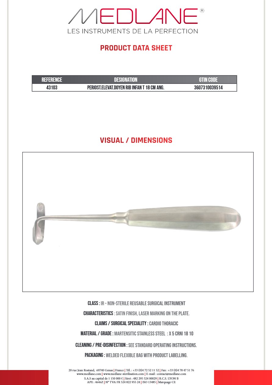 Photo produit MEDLANE : Rugine Doyen Costale Enfant 180 mm Coudée Droite, référence 43103