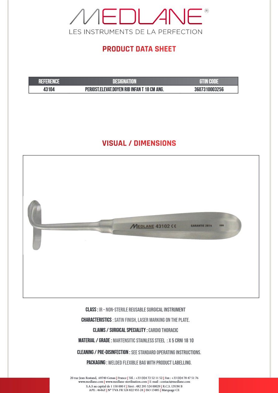 Photo produit MEDLANE : Rugine Doyen Costale Enfant 180 mm Coudée Gauche, référence 43104
