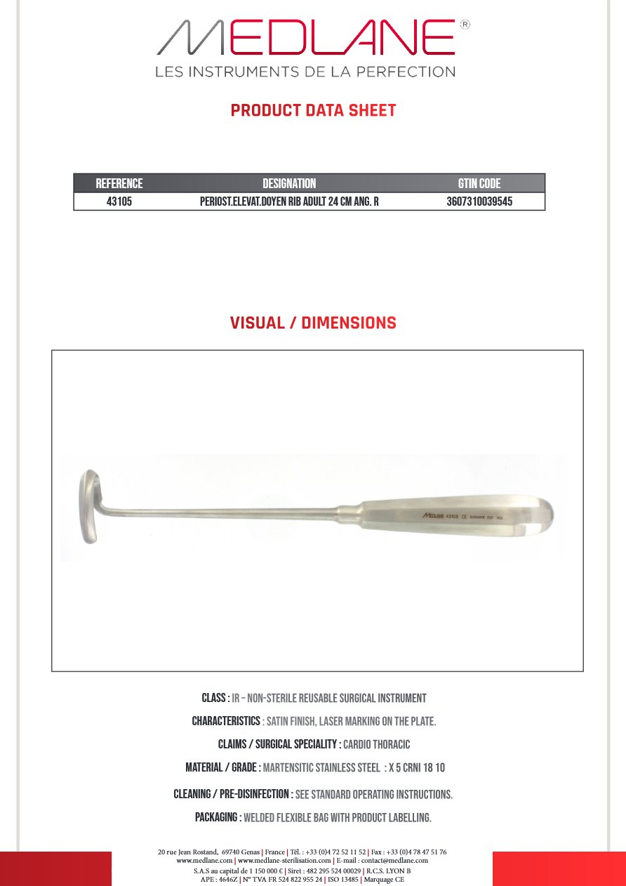 Rugine Doyen Costale Adulte 240 mm Coudée Droite — REF 43105