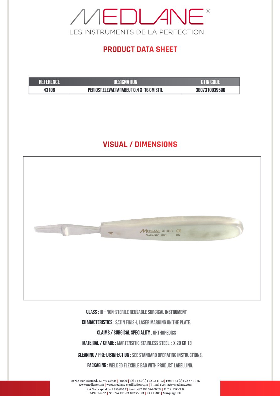 Rugine Farabeuf 4 mm X 160 mm Droite — REF 43108P